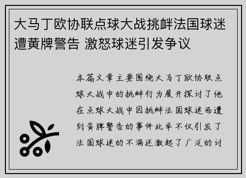 大马丁欧协联点球大战挑衅法国球迷遭黄牌警告 激怒球迷引发争议