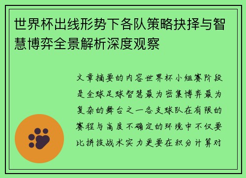 世界杯出线形势下各队策略抉择与智慧博弈全景解析深度观察